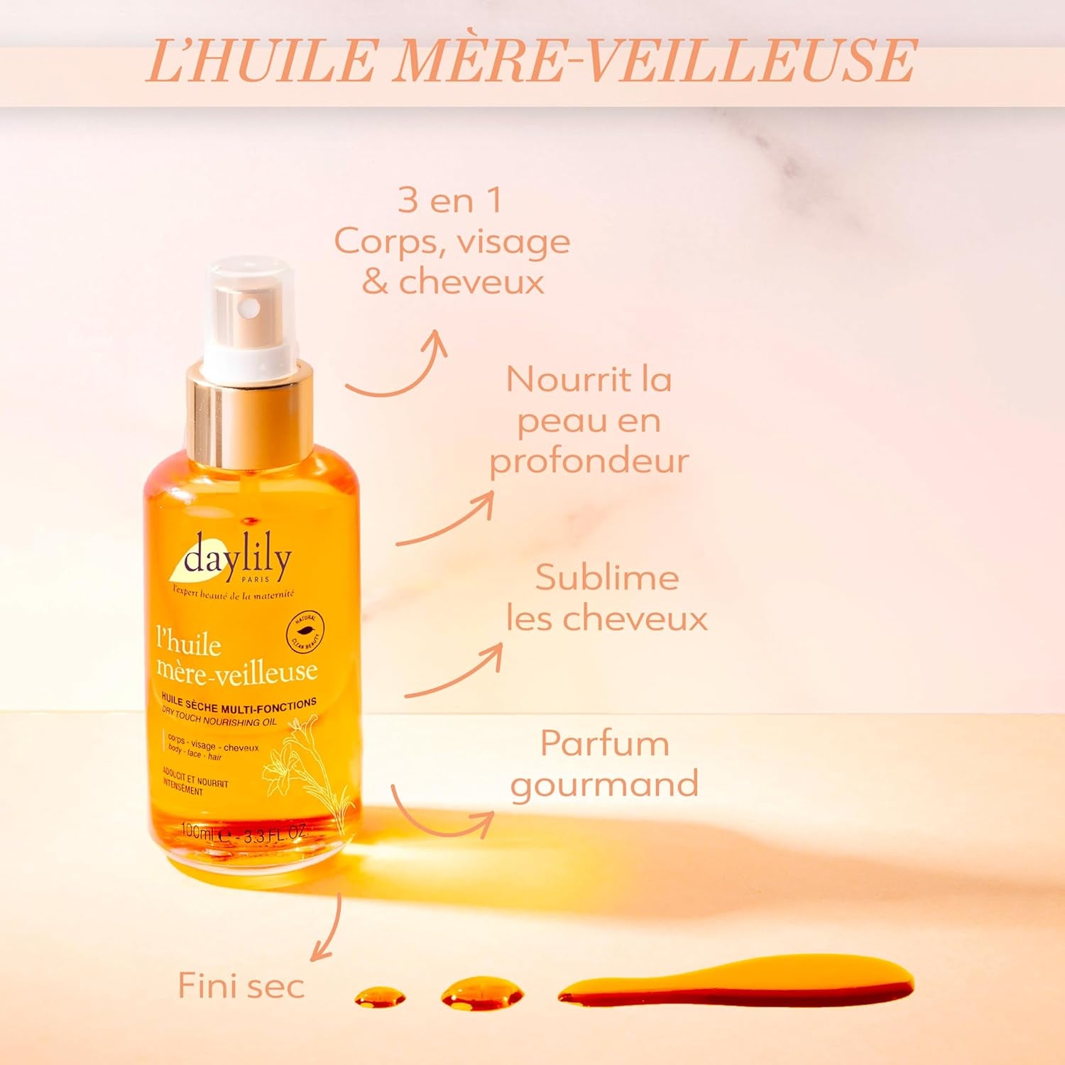 | L'Huile Mère-Veilleuse Multi-Fonctions | Nourrit Votre Corps & Répare Vos Cheveux | Combinaisons De 5 Huiles Végétales Bio | Texture Douce | Fabriqué En France | Végan & Cruelty-Free | 100Ml