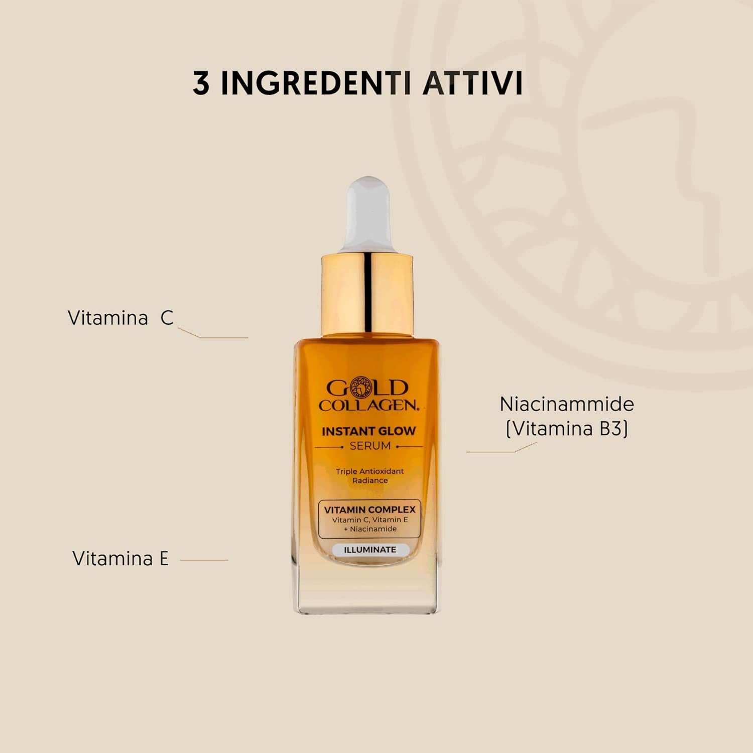 Instant Glow - Siero Vitamina C E E a Tripla Azione Antiossidante Riduce Pori Dilatati, Siero Viso Contorno Occhi Antirughe per Skincare Idratante Con Niacinamide E Glicerina 30 Ml